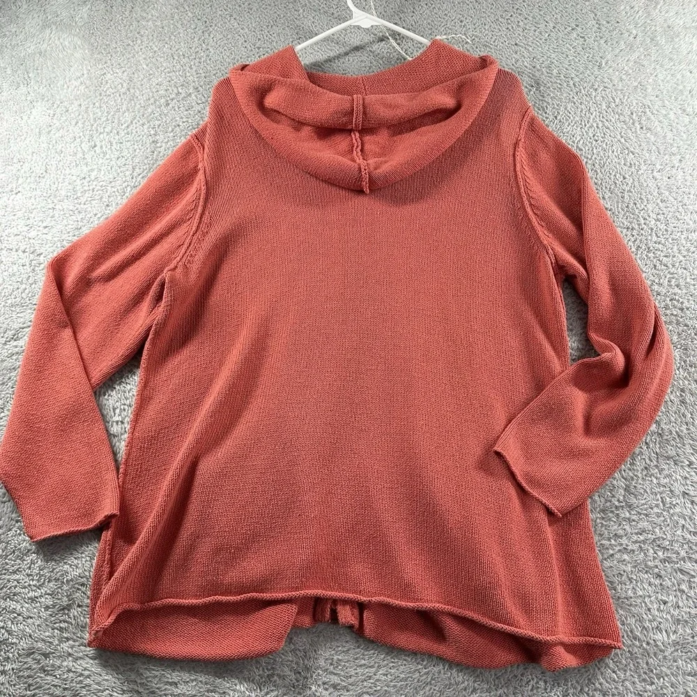 Silk Blend Cardigan Sweater Womens XL‎ Coral Pink Hooded Pockets Lagenlook